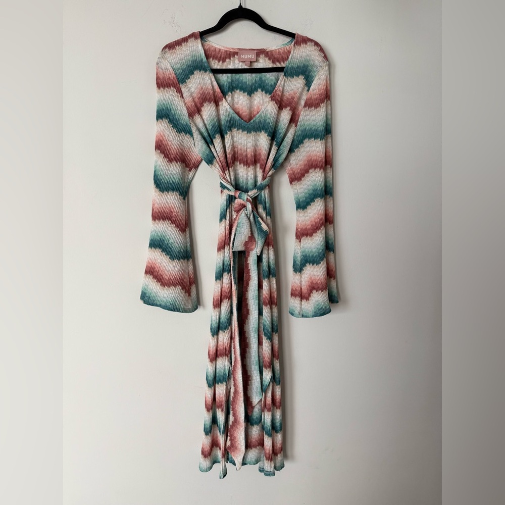 Show Me Your Mumu Chevron Stripe Knit Midi Dress with Tie & Bell Sleeves